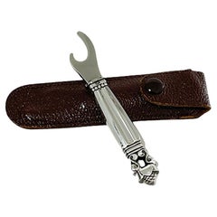 Antique Silver Pocket Travel Bottle Opener in Leather Pouch by Georg Jensen, 1915-1919