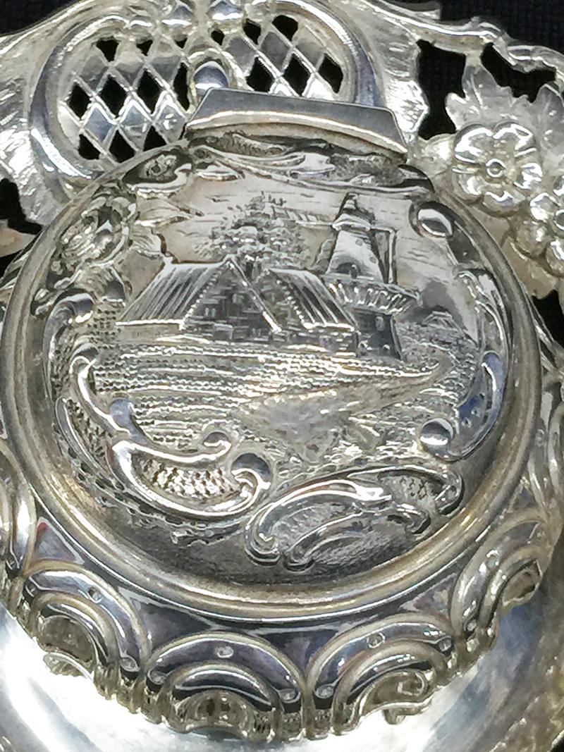 20th Century Century Dutch silver Inkwell with a Scene of Houses and a Windmill For Sale