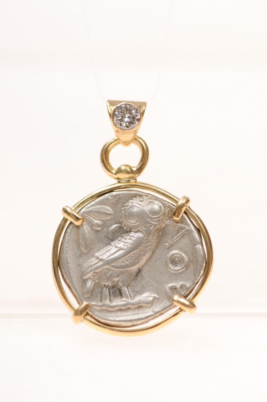Classical Greek A Silver Tetradrachm Owl with Diamond & 18 karat gold (pendant only) For Sale