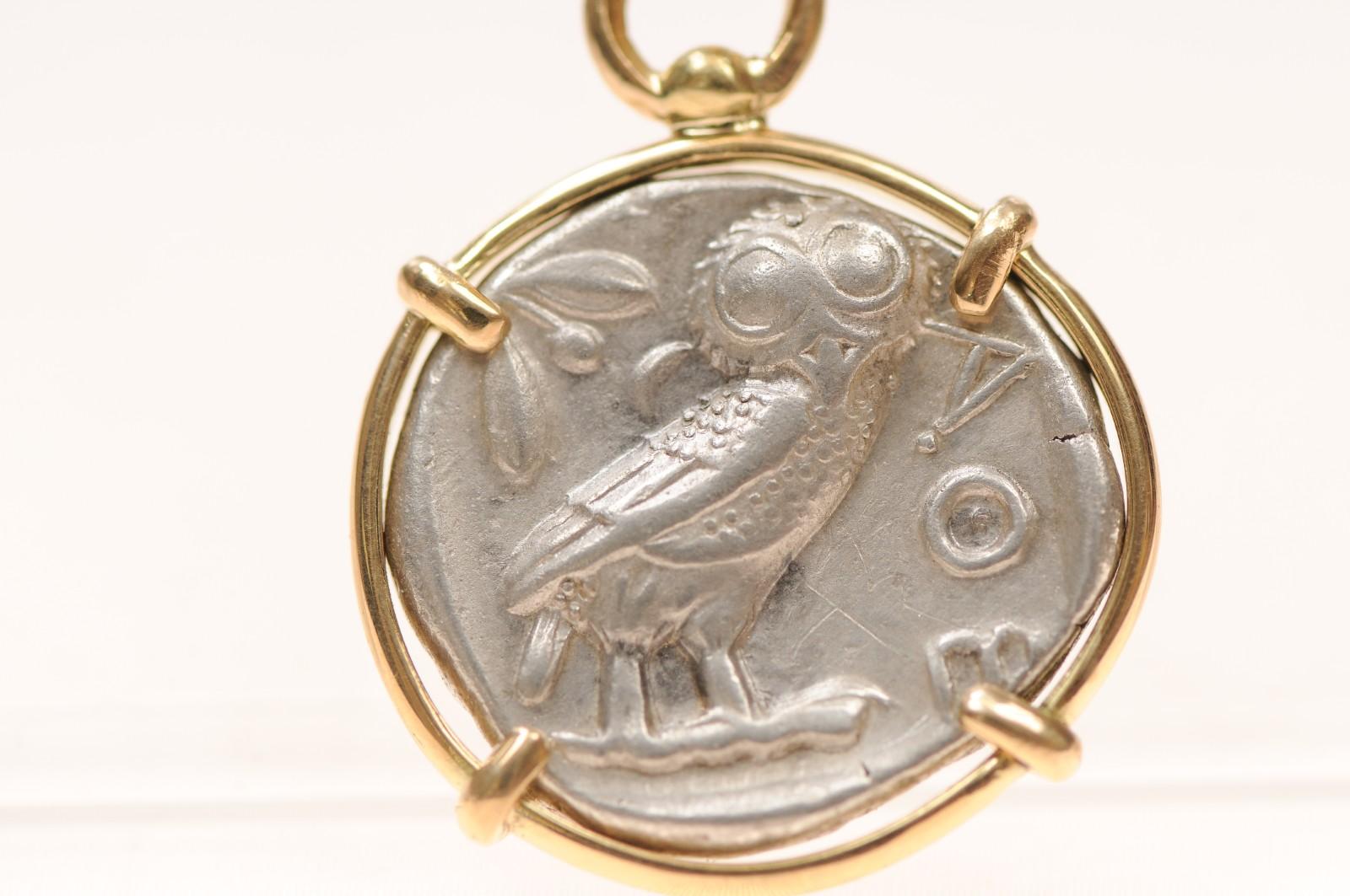 Round Cut A Silver Tetradrachm Owl with Diamond & 18 karat gold (pendant only) For Sale