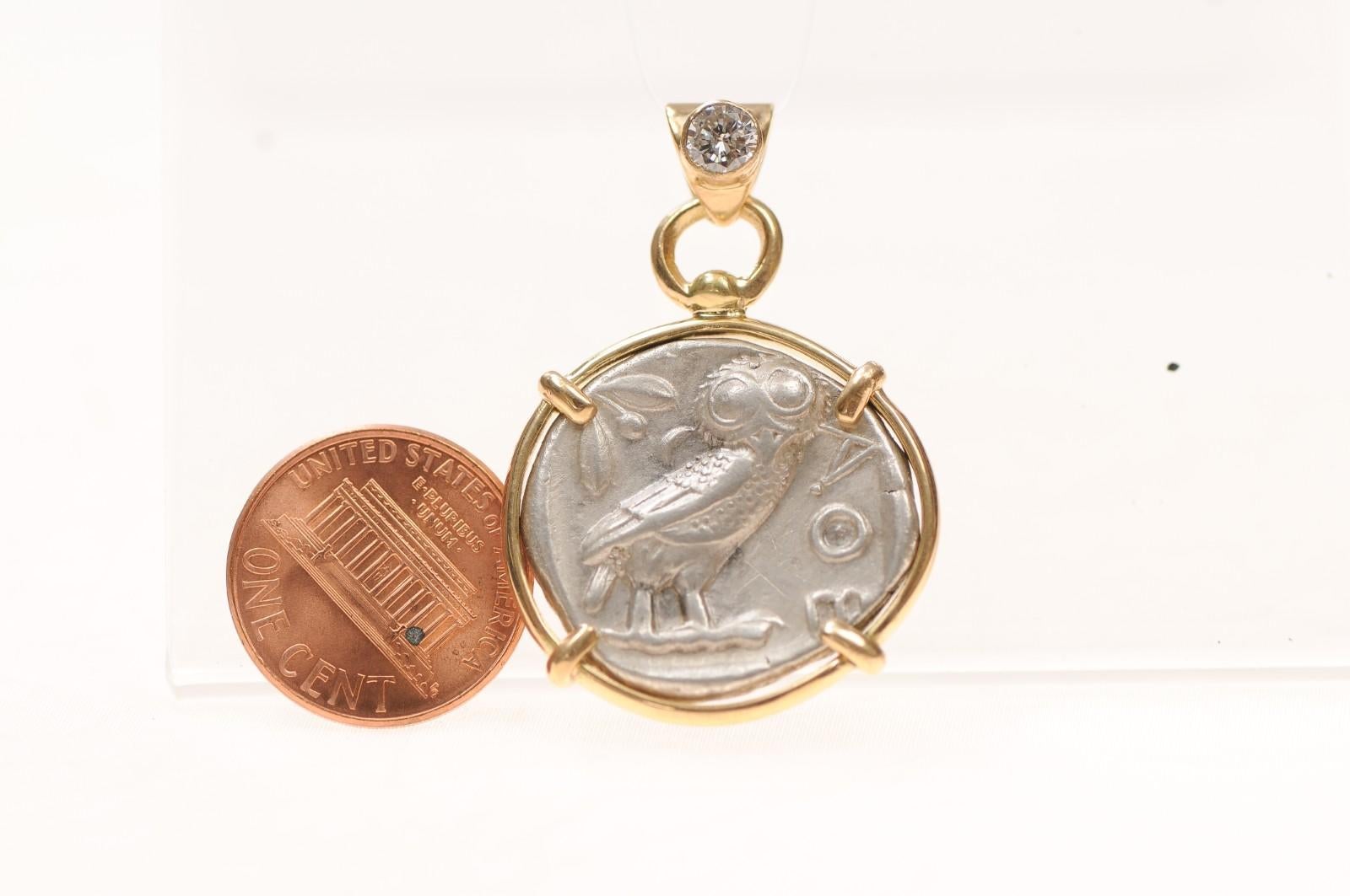 A Silver Tetradrachm Owl with Diamond & 18 karat gold (pendant only) In Excellent Condition For Sale In Atlanta, GA