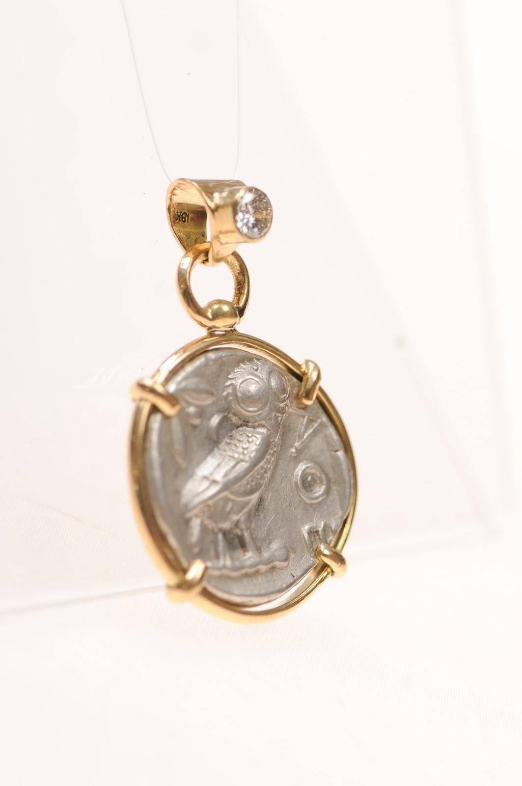 Women's or Men's A Silver Tetradrachm Owl with Diamond & 18 karat gold (pendant only) For Sale