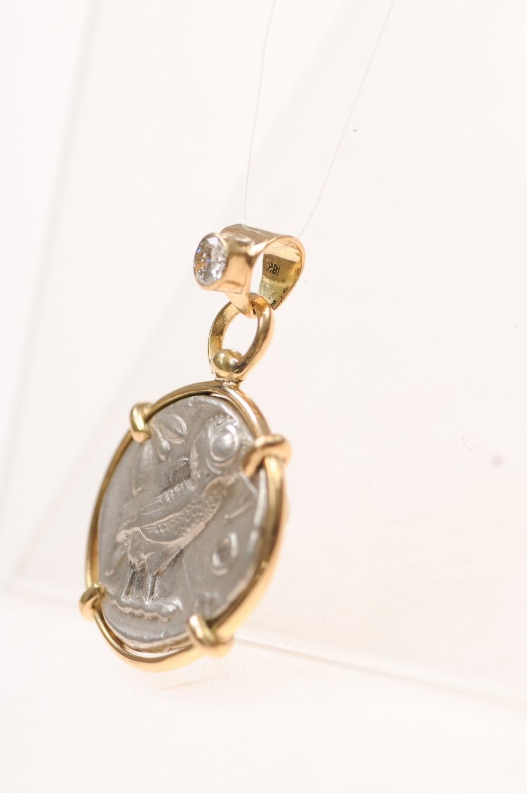 A Silver Tetradrachm Owl with Diamond & 18 karat gold (pendant only) For Sale 1