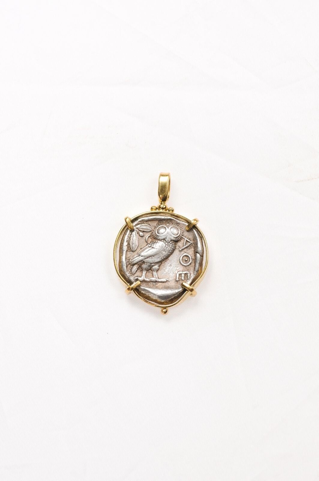 Classical Greek A Silver Tetradrachm Owl + Athena Pendant from the Late 5th C. BC