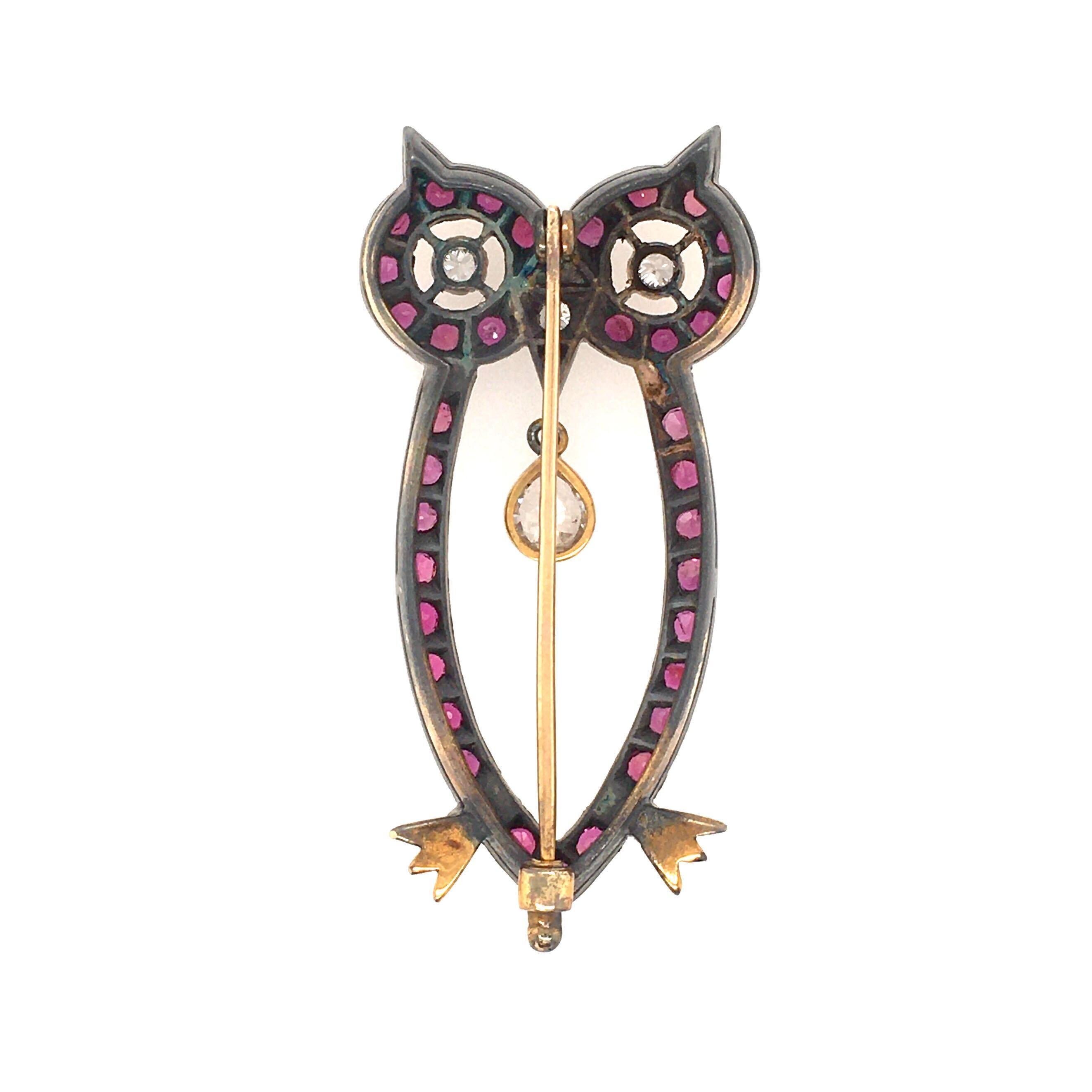 Round Cut Silver Topped, Gold, Ruby and Diamond Owl Brooch