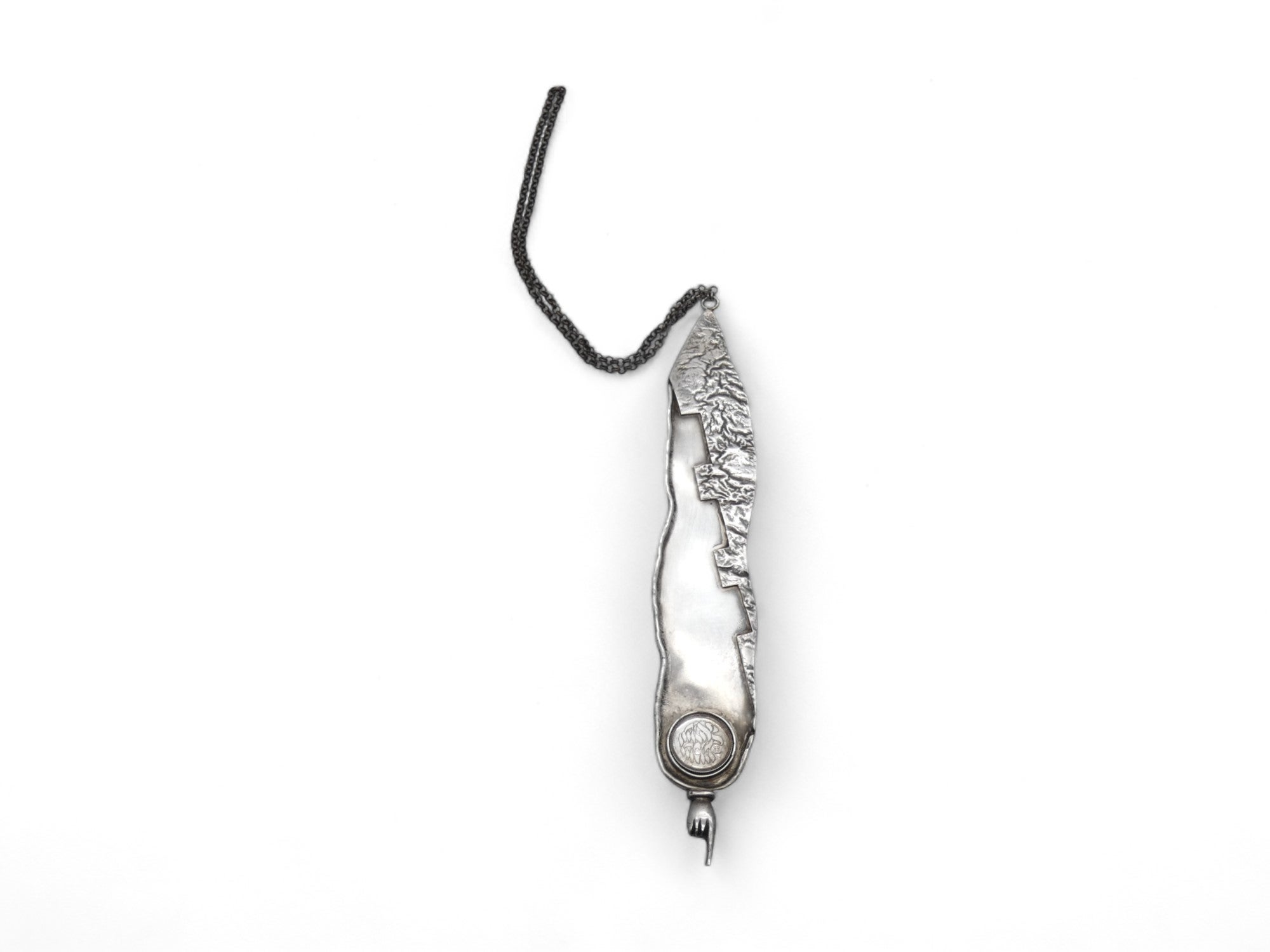 An Artistic Silver Torah Pointer made in Israel in the 2nd half of the 20th Century.

Torah Pointer is modernly made with an artistic sense of the place of origin as the pointer is in the geographical shape of the Land of Israel.

Top facing side of