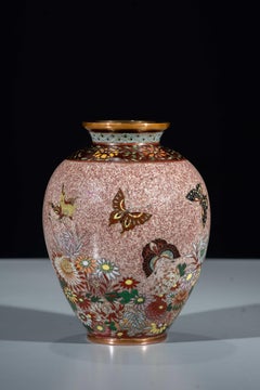 A silver-wire cloisonné vase with butterflies and chrysanthemums
