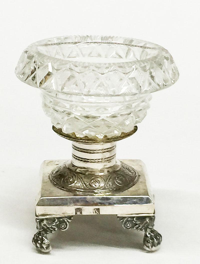 Dutch Silver with Crystal Serving Set with 2 Small Candy Dishes and 2 Salt Cellars For Sale