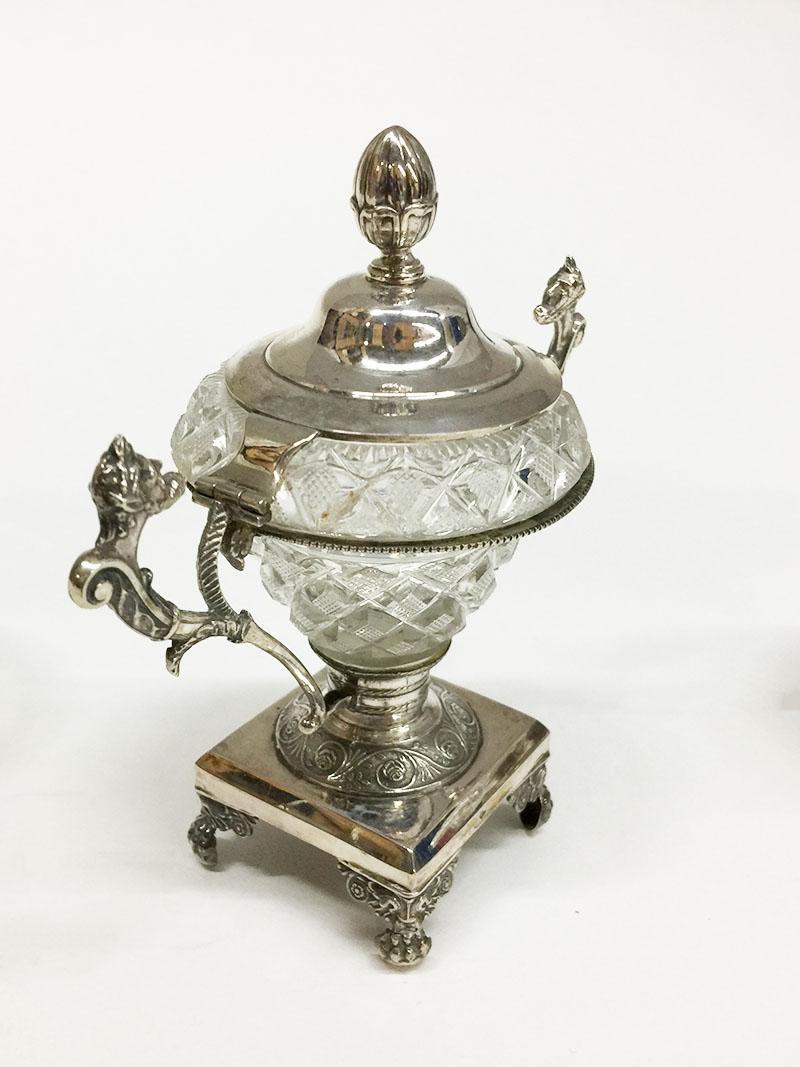 19th Century Silver with Crystal Serving Set with 2 Small Candy Dishes and 2 Salt Cellars For Sale