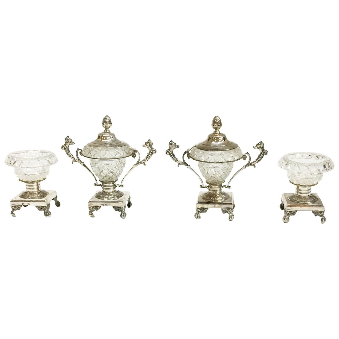 Silver with Crystal Serving Set with 2 Small Candy Dishes and 2 Salt Cellars For Sale