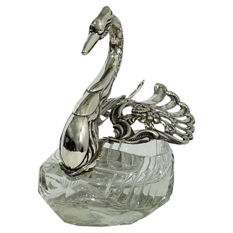 Cesta de plata con cisne de cristal de Albert Bodemer, Alemania en venta