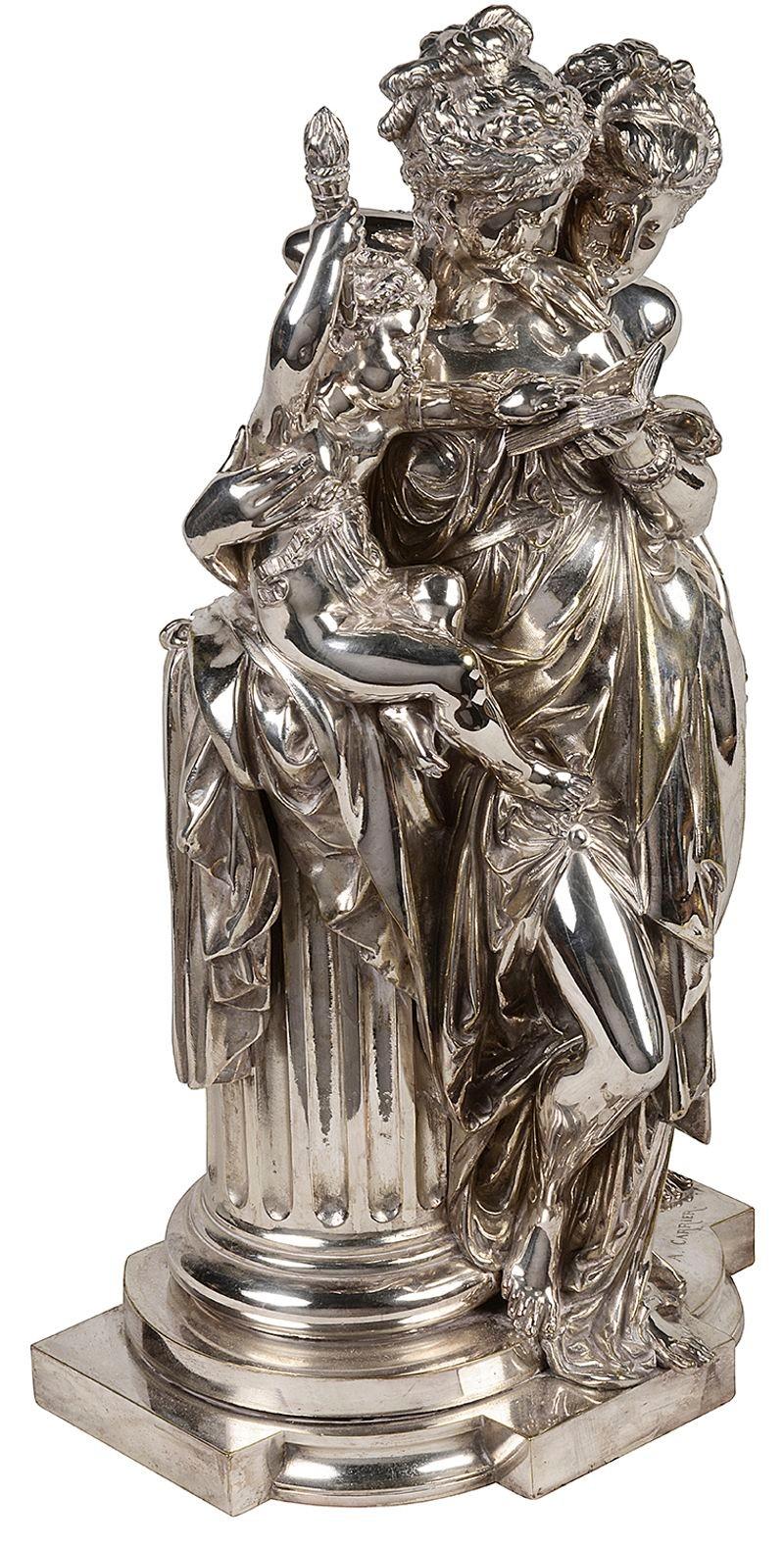 A silvered-bronze classical figural group of two maidens and a putto entitled 'The Reading' after Albert-Ernest Carrier-Belleuse, 19th century.
Carrier-Belleuse was born on 12 June 1824 at Anizy-le-Château, Aisne, France. He began his training as a