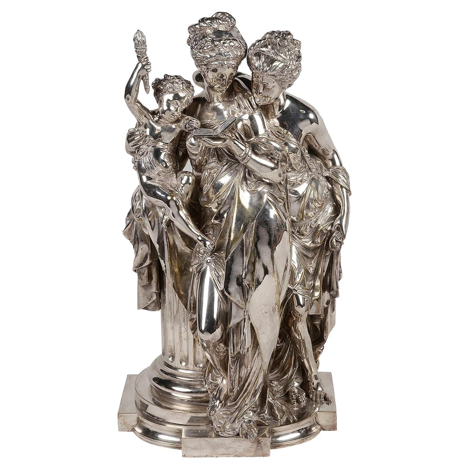 Silvered-Bronze Group 'the Reading' Carrier-Belleuse, 19th Century