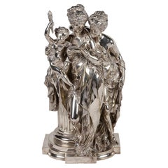 Antique Silvered-Bronze Group 'the Reading' Carrier-Belleuse, 19th Century