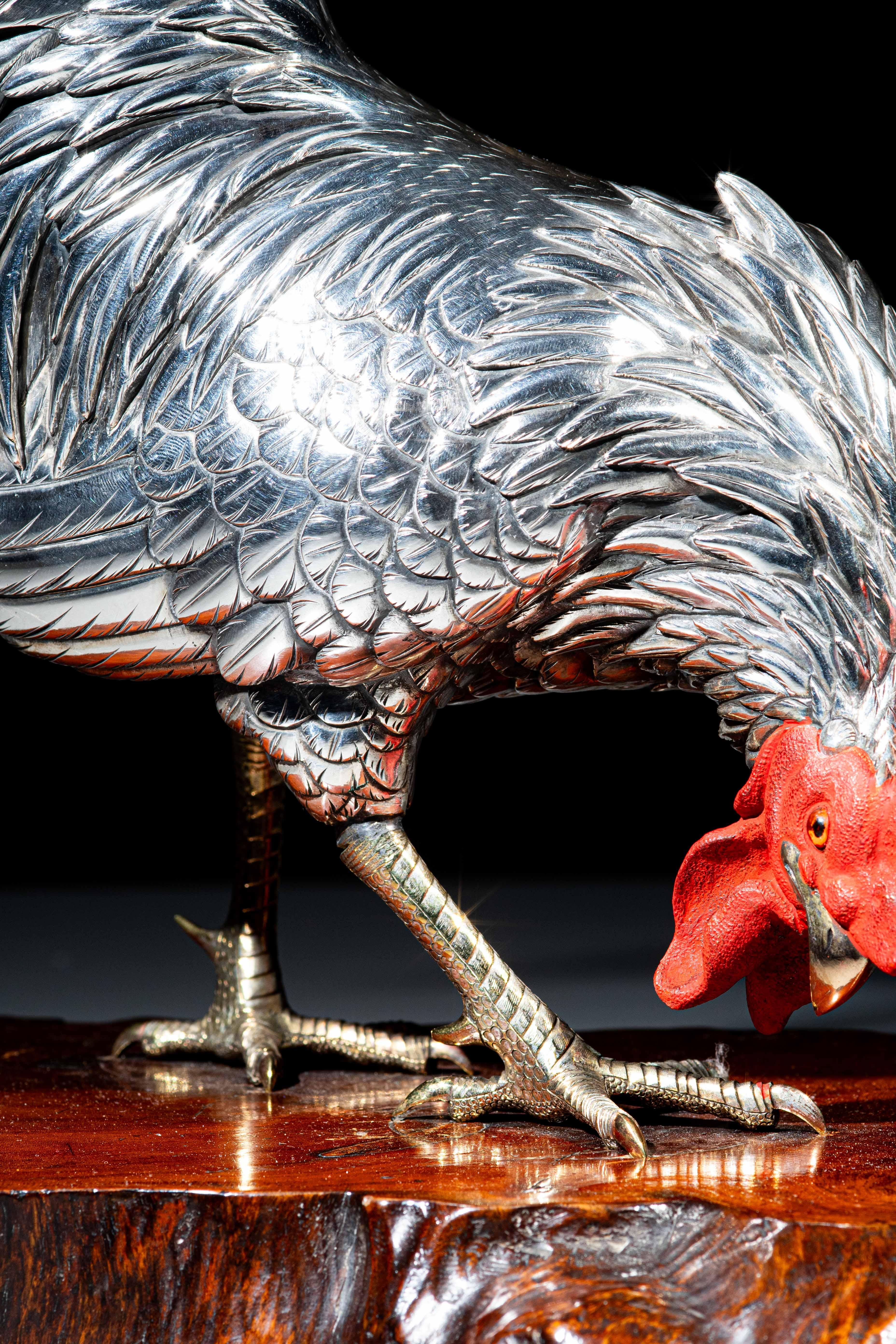 Japanese A silvered bronze okimono depicting a rooster signed Yoshiaki For Sale