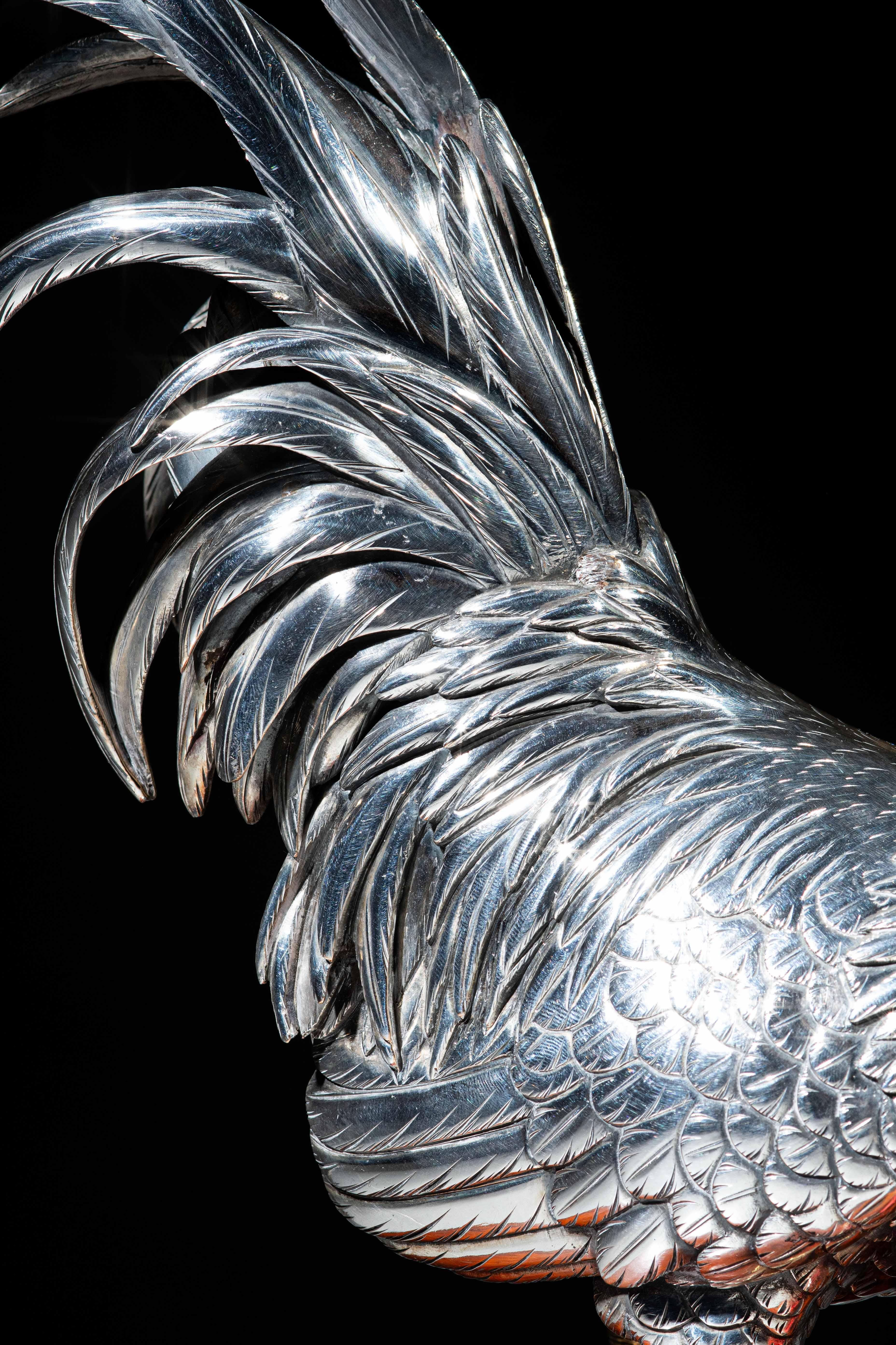 Metalwork A silvered bronze okimono depicting a rooster signed Yoshiaki For Sale