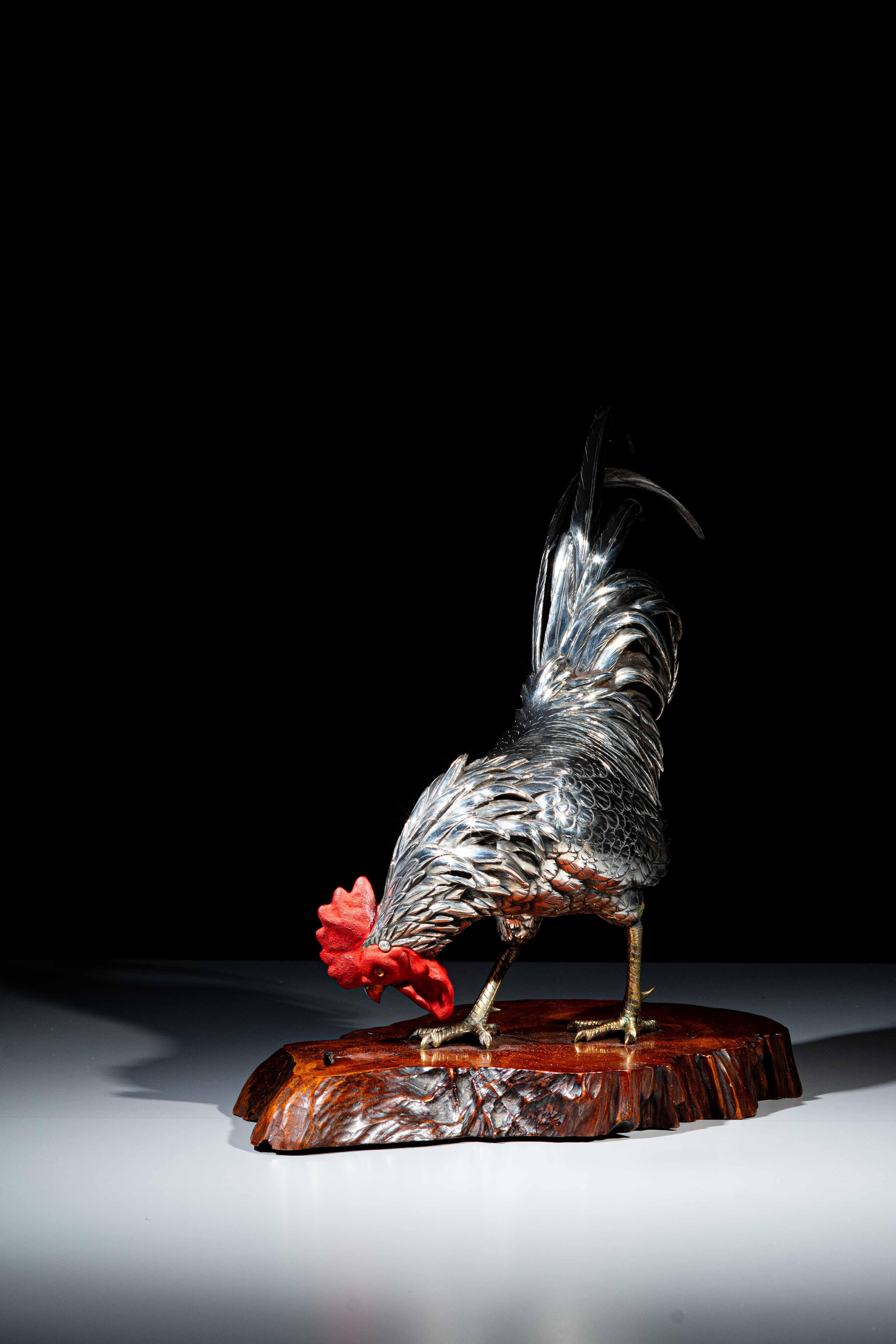 19th Century A silvered bronze okimono depicting a rooster signed Yoshiaki For Sale