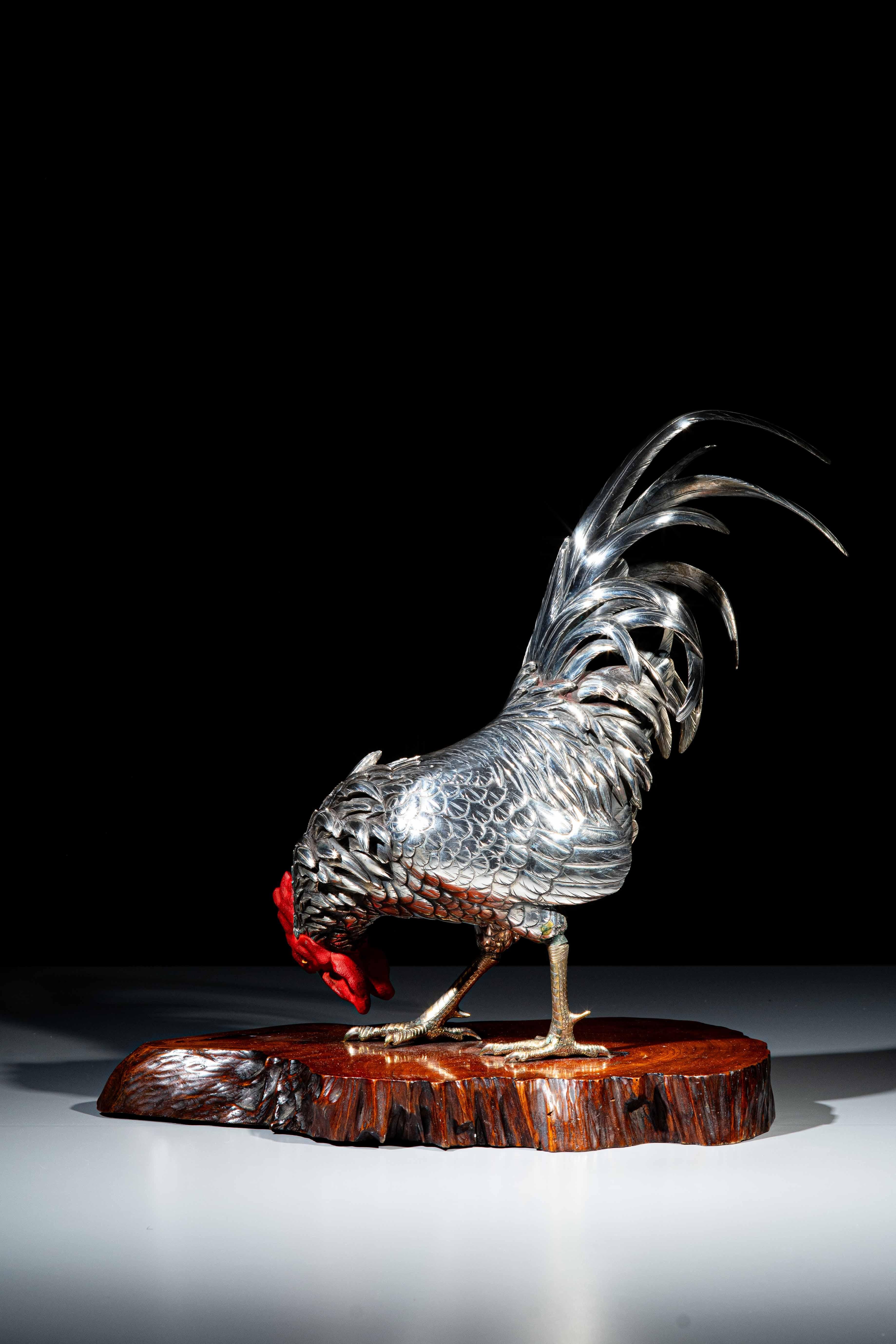 Bronze A silvered bronze okimono depicting a rooster signed Yoshiaki For Sale