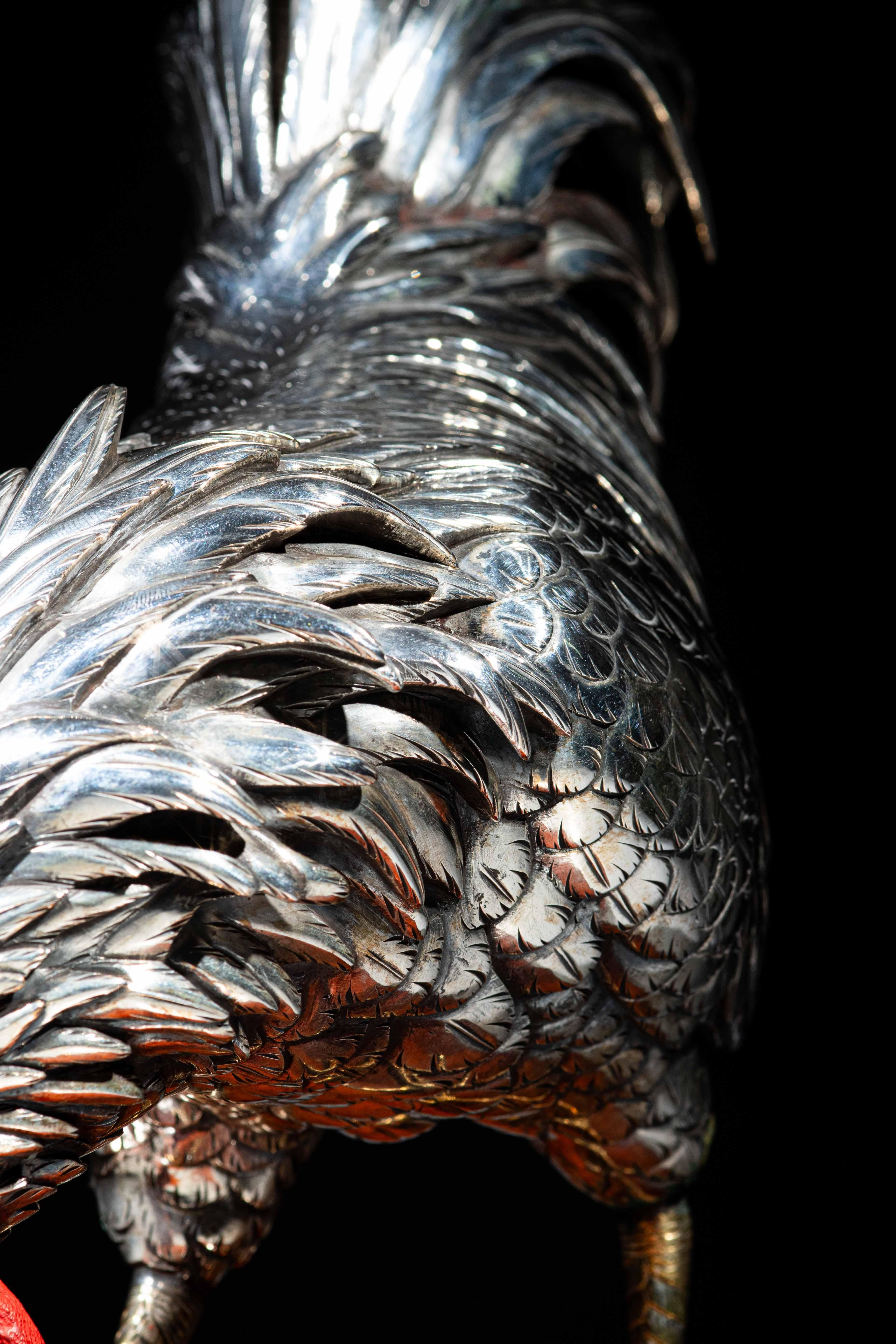 A silvered bronze okimono depicting a rooster signed Yoshiaki For Sale 1