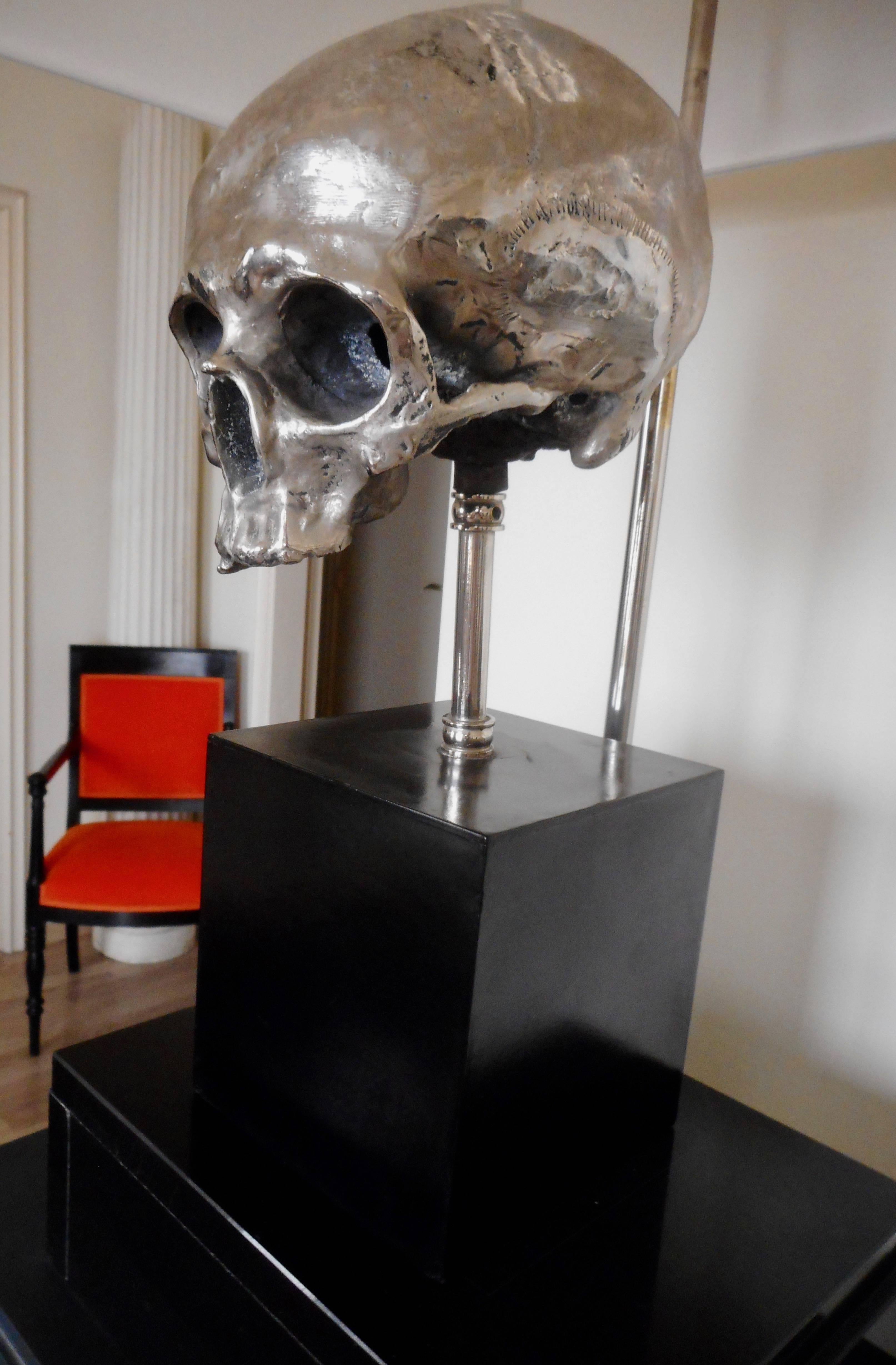 American A Silvered Bronze Skull Table Lamp