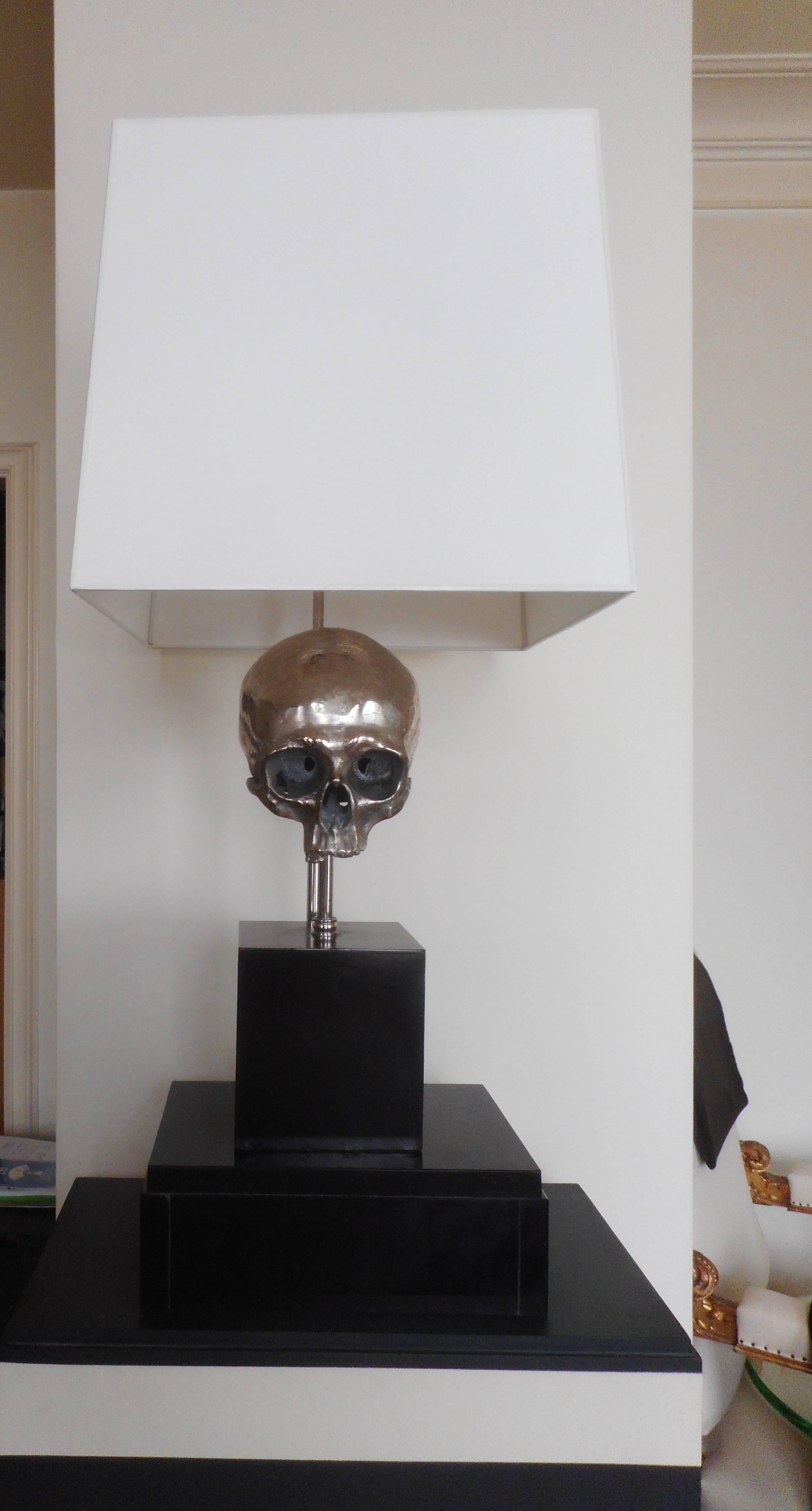 Late 20th Century A Silvered Bronze Skull Table Lamp