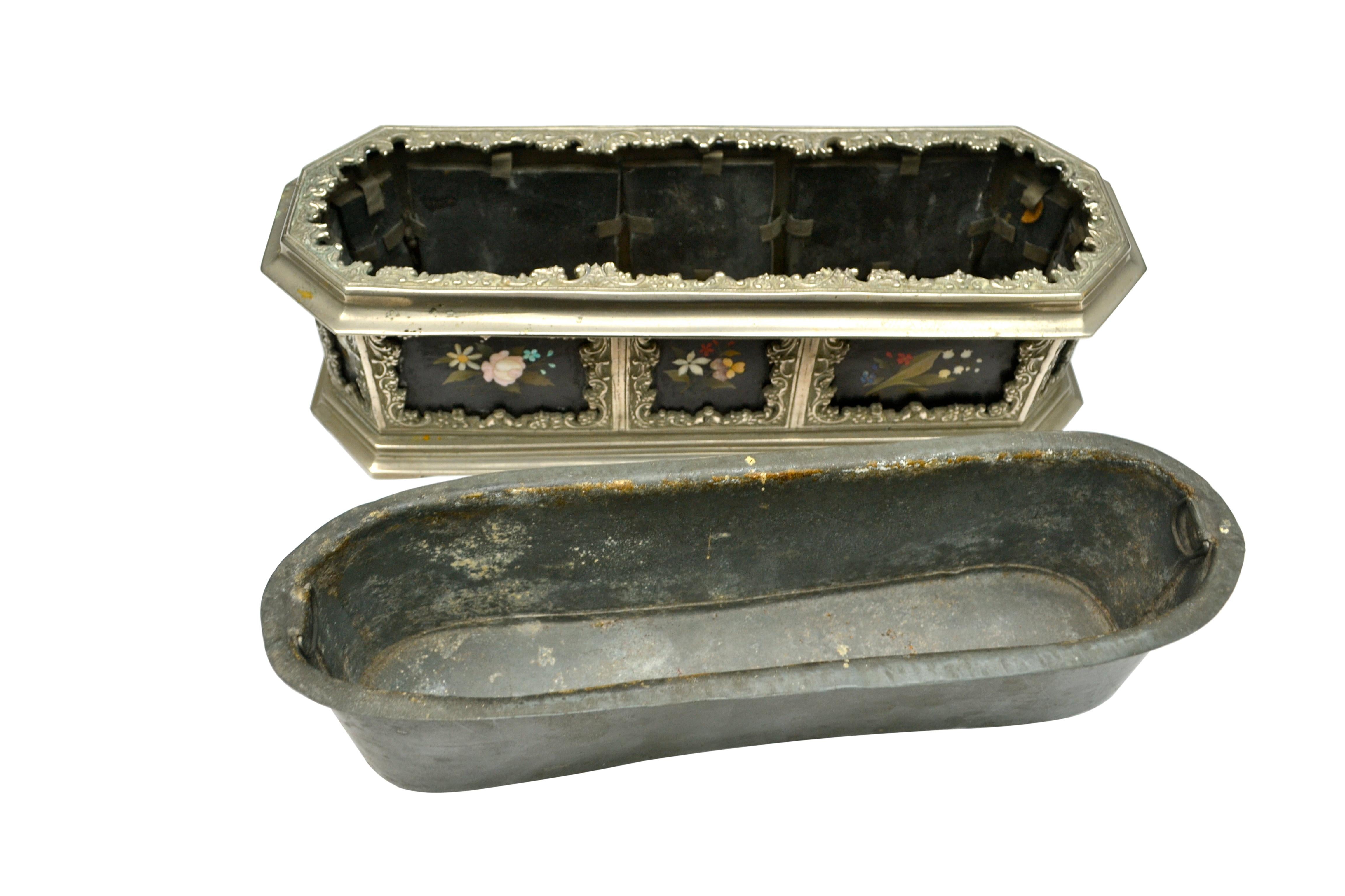 Italian Silvered Metal and Pietra Dura Table Planter For Sale