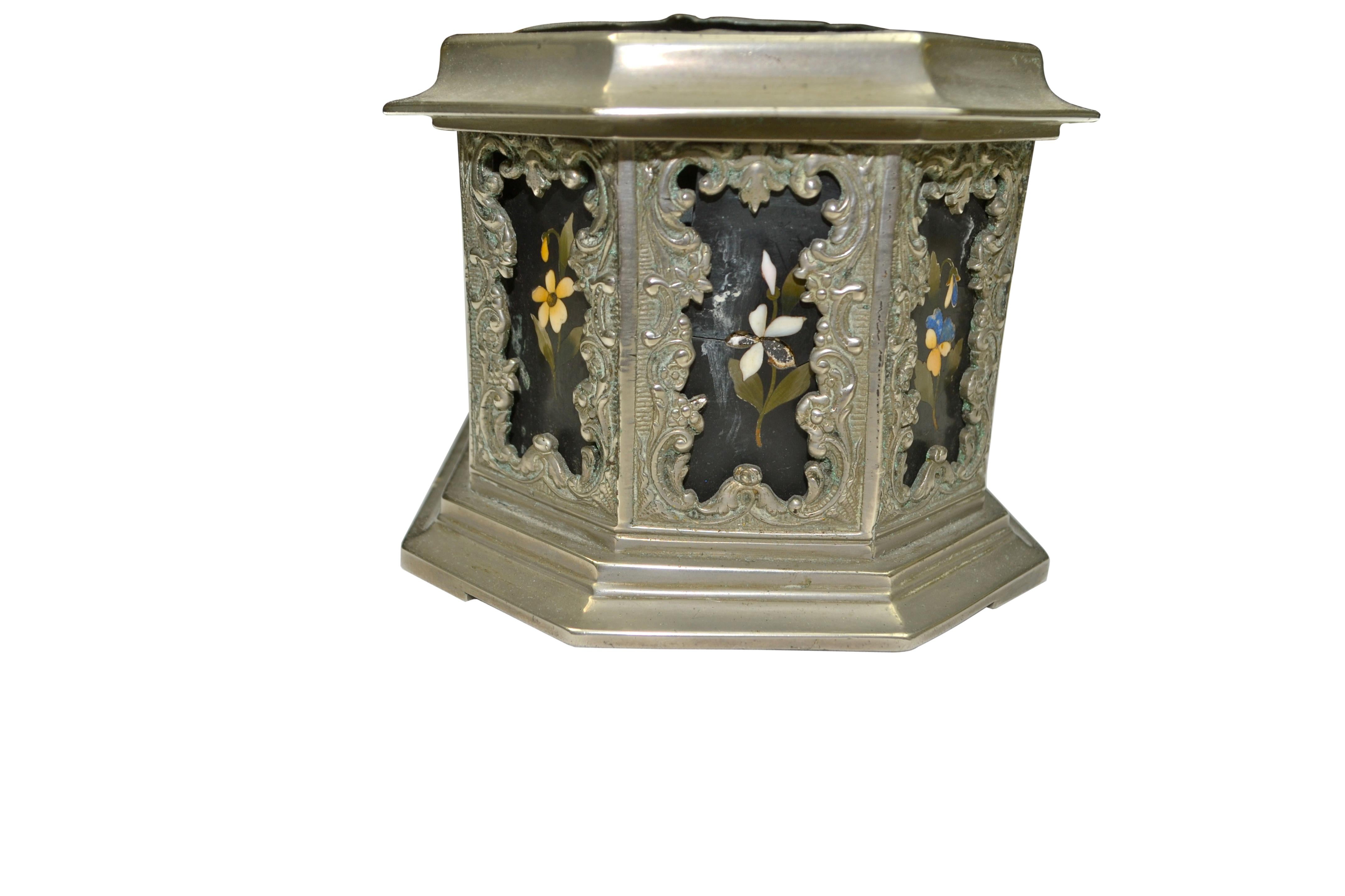 Inlay Silvered Metal and Pietra Dura Table Planter For Sale