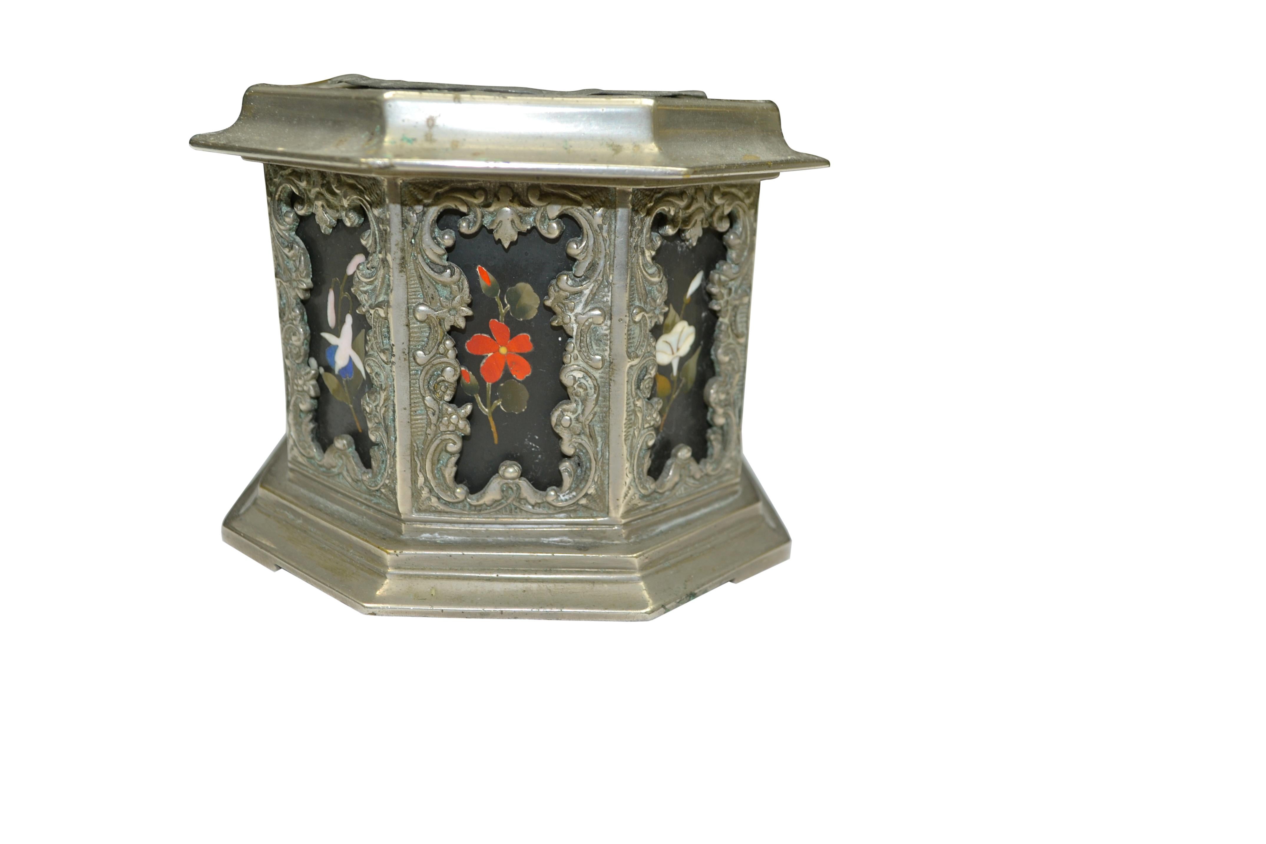 Silvered Metal and Pietra Dura Table Planter In Good Condition For Sale In Vancouver, British Columbia