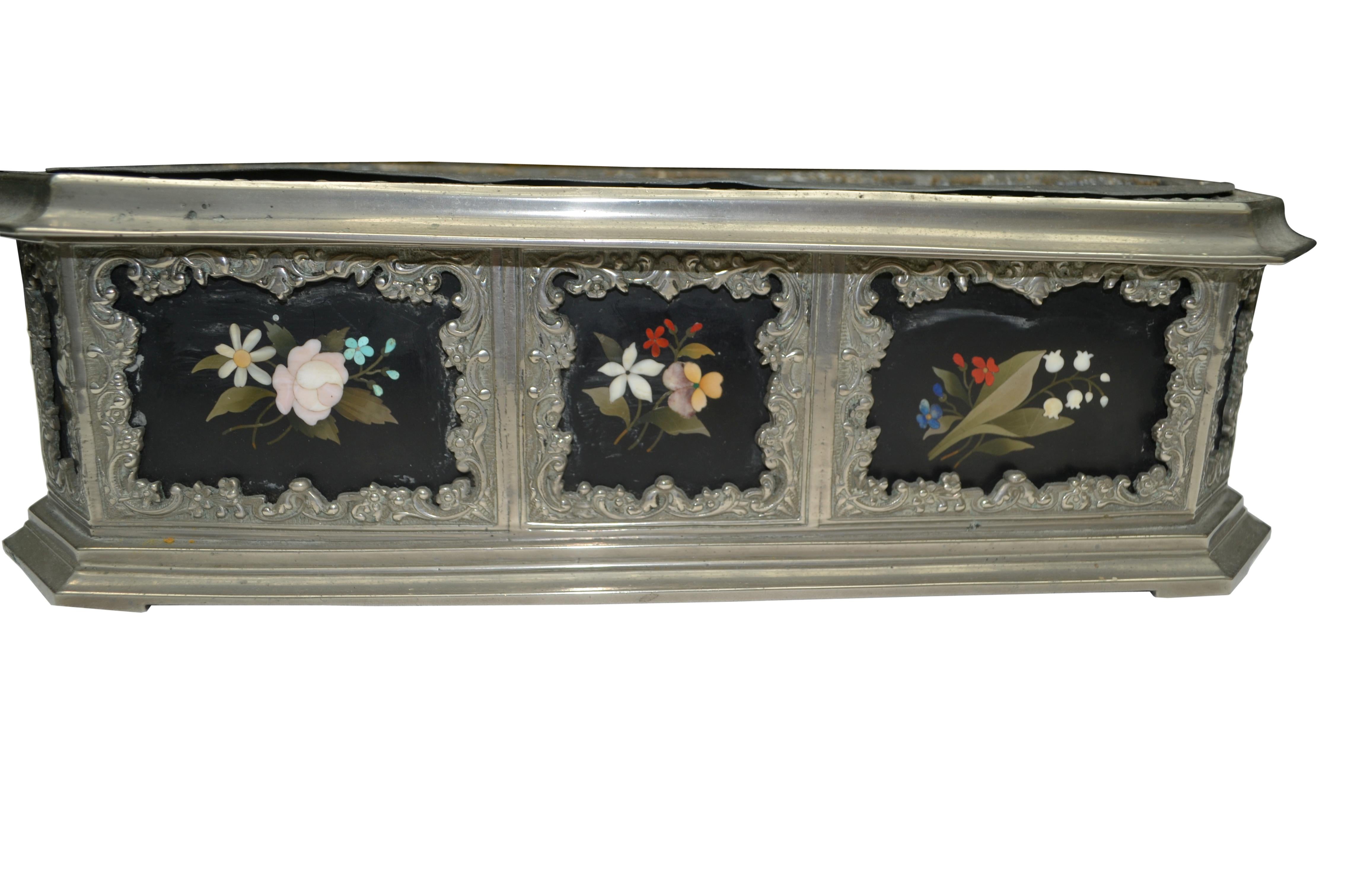19th Century Silvered Metal and Pietra Dura Table Planter For Sale