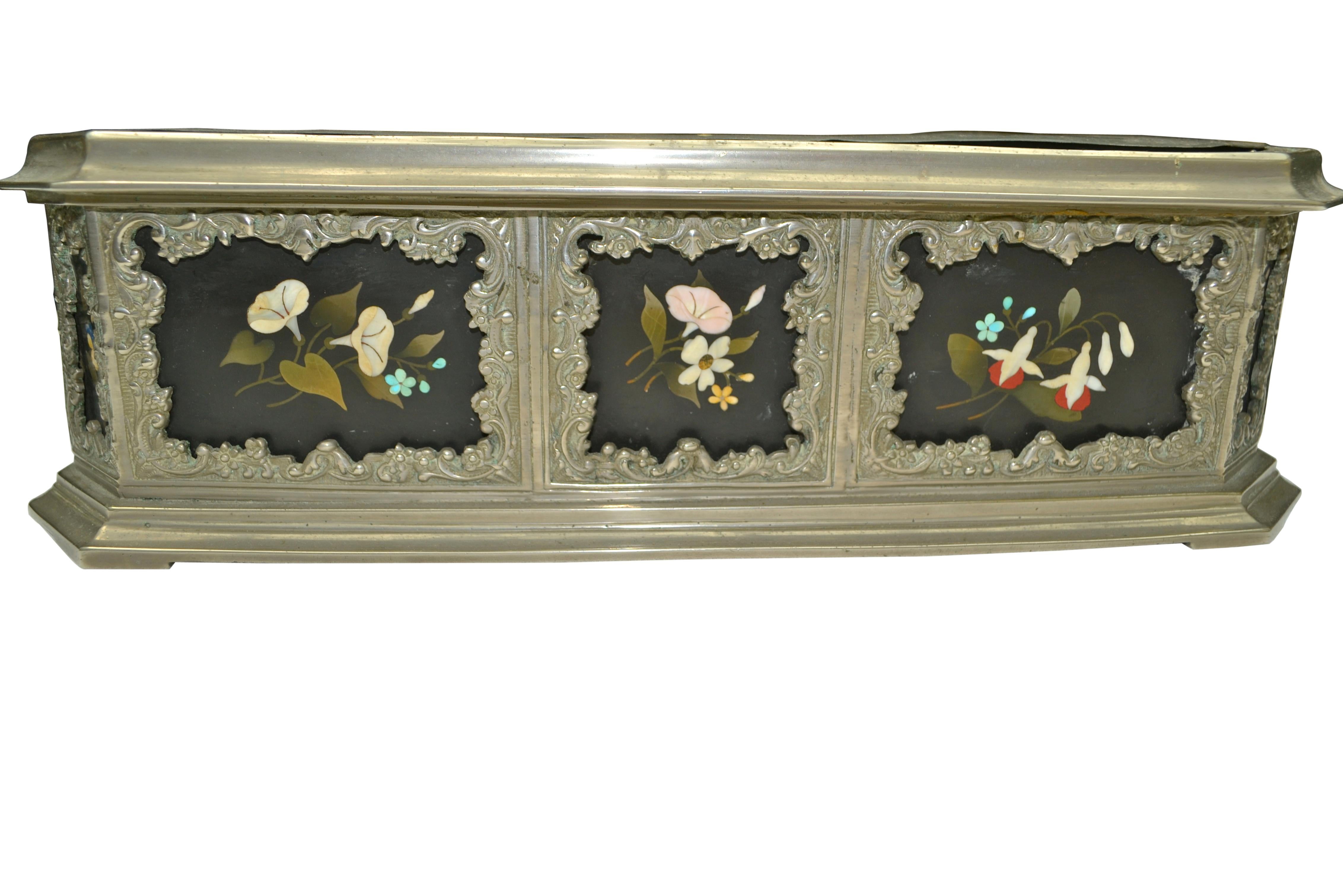 Silvered Metal and Pietra Dura Table Planter For Sale 1