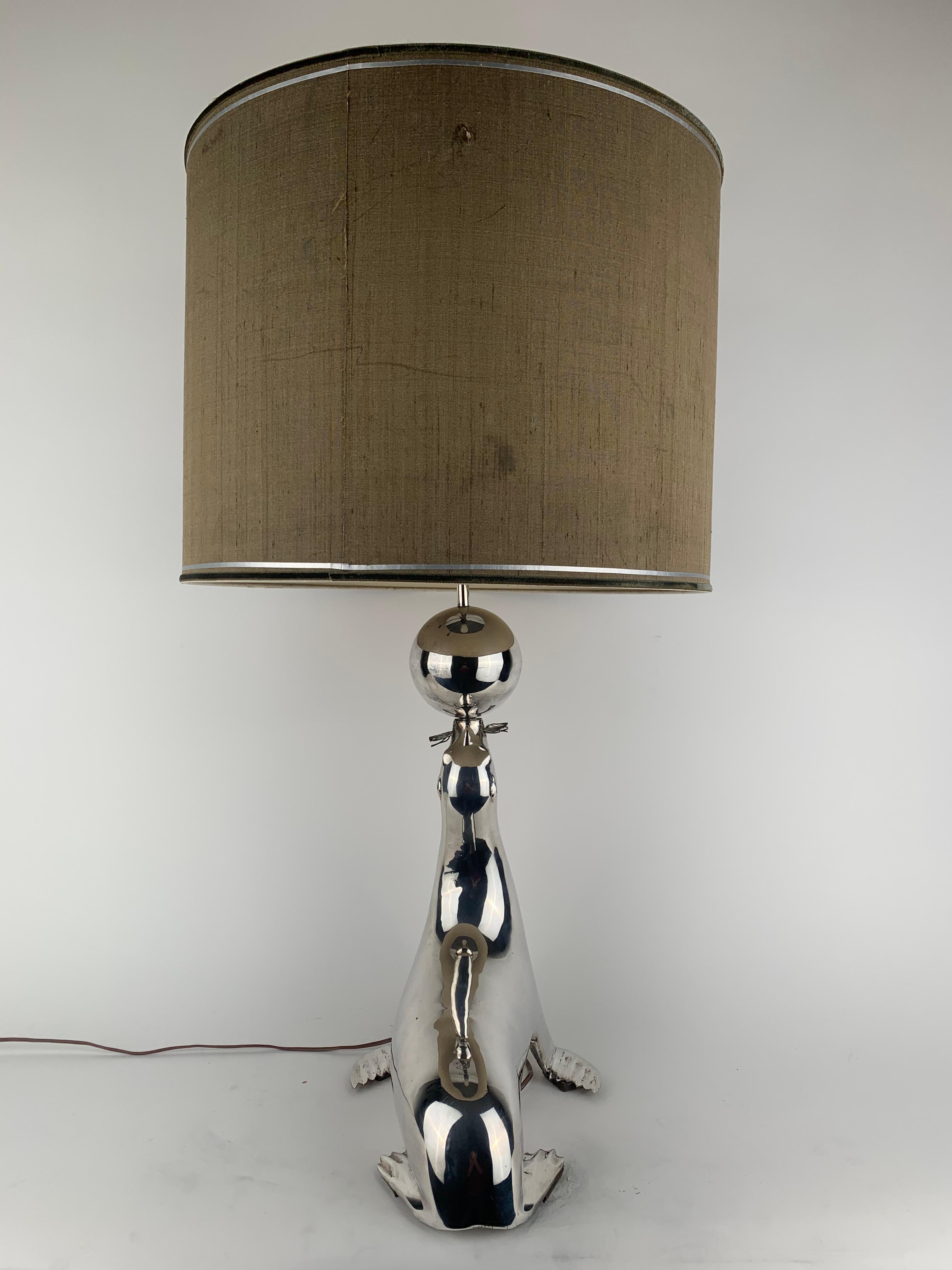 Silver Plate A silvered seal as a table lamp For Sale