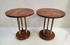 Similar Pair of French Art Deco Book Matched Walnut and Metal End Tables