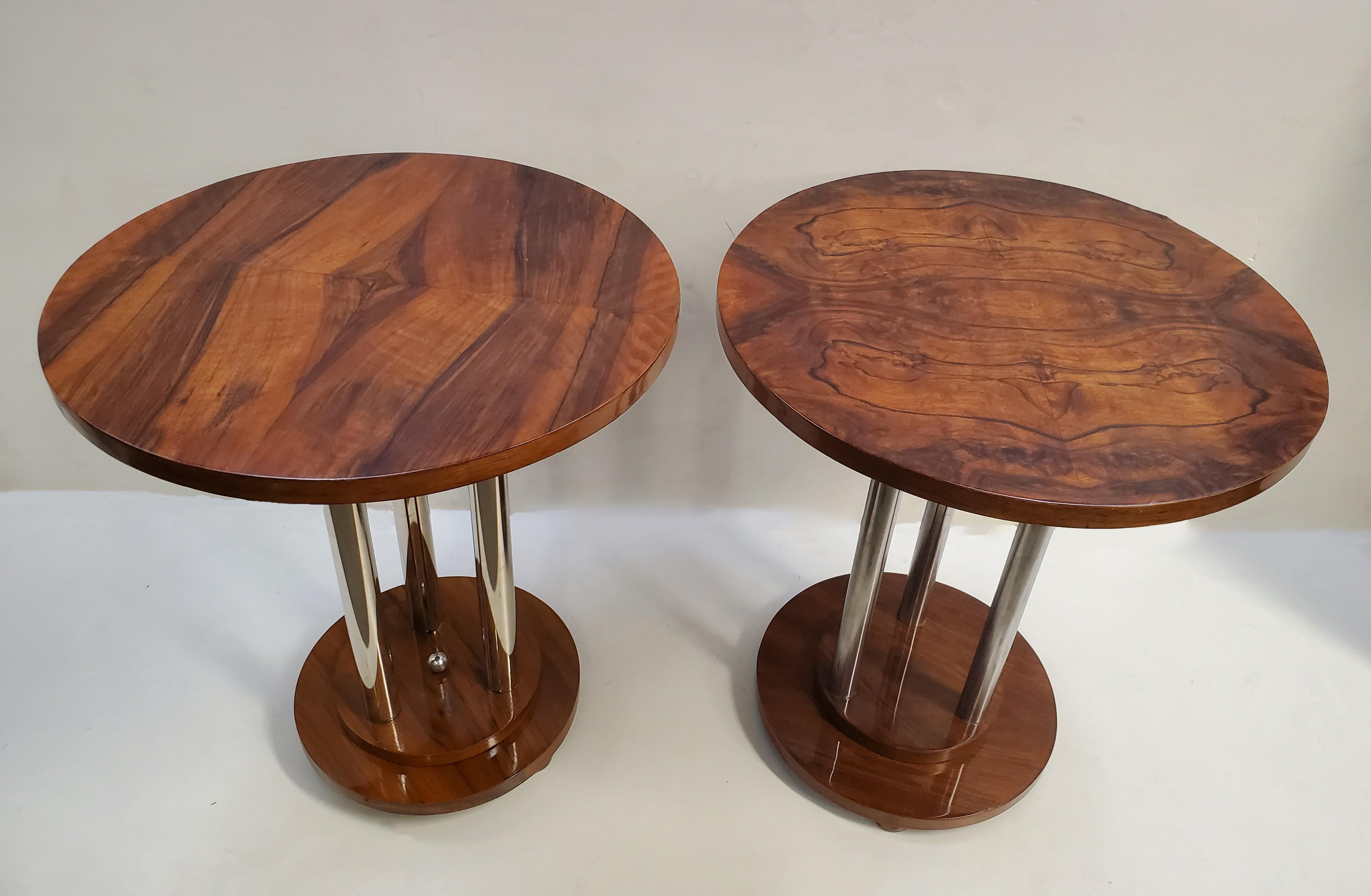 Similar Pair of French Art Deco Book Matched Walnut and Metal End Tables 1