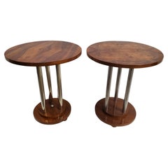 Similar Pair of French Art Deco Book Matched Walnut and Metal End Tables