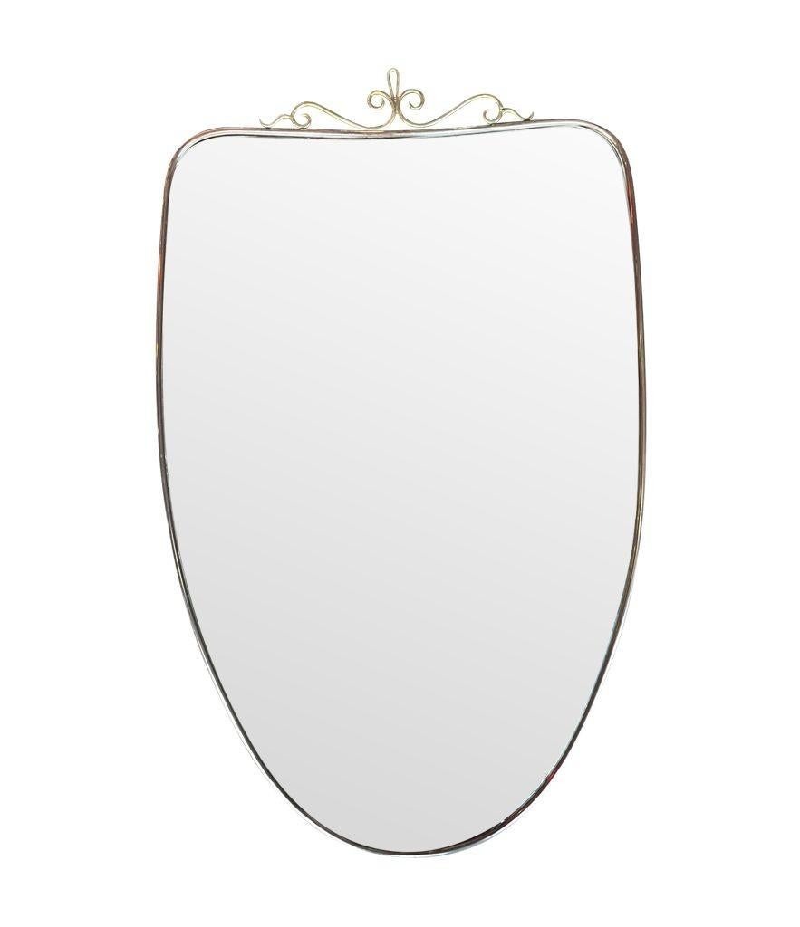 Mid-Century Modern Similar Pair of Original 1960s Italian Shield Mirrors with Scroll Top Detail