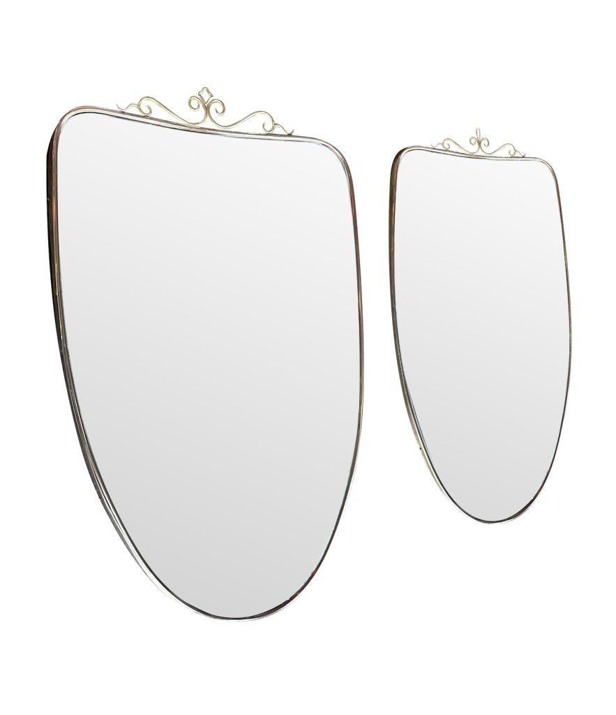 Similar Pair of Original 1960s Italian Shield Mirrors with Scroll Top Detail In Good Condition In London, GB