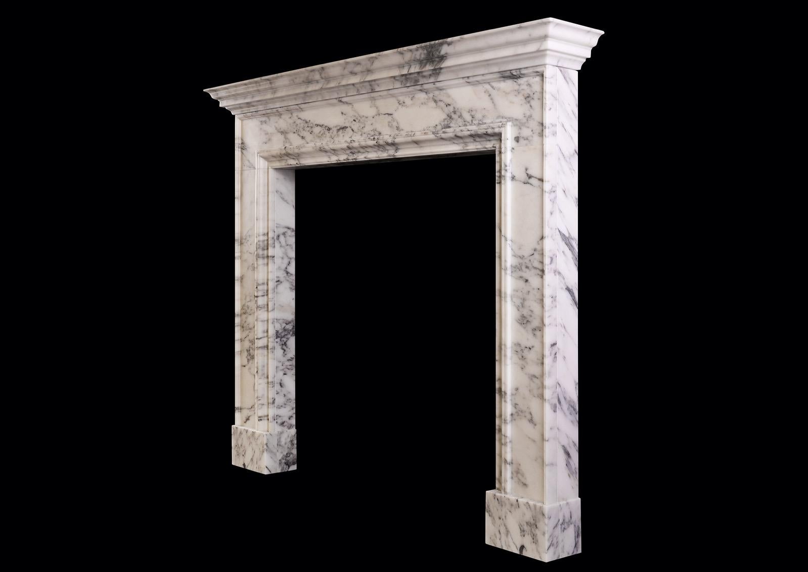 English Simple Italian Arabescato Marble Fireplace of Architectural Form For Sale