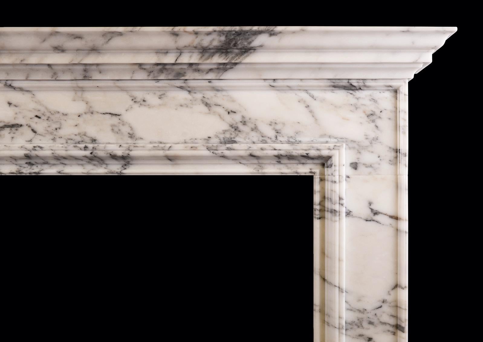 Simple Italian Arabescato Marble Fireplace of Architectural Form In Good Condition For Sale In London, GB