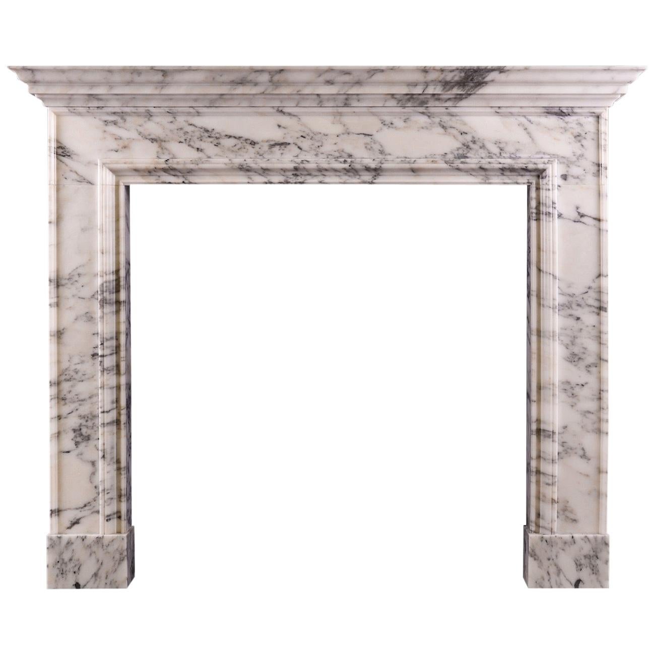 Simple Italian Arabescato Marble Fireplace of Architectural Form For Sale