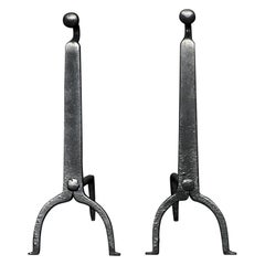 Vintage Simple Pair of Wrought Iron Andirons with Arched Feet