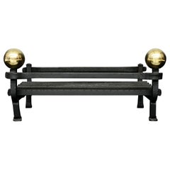 Simple Wrought Iron Firegrate with Large Brass Ball Finials