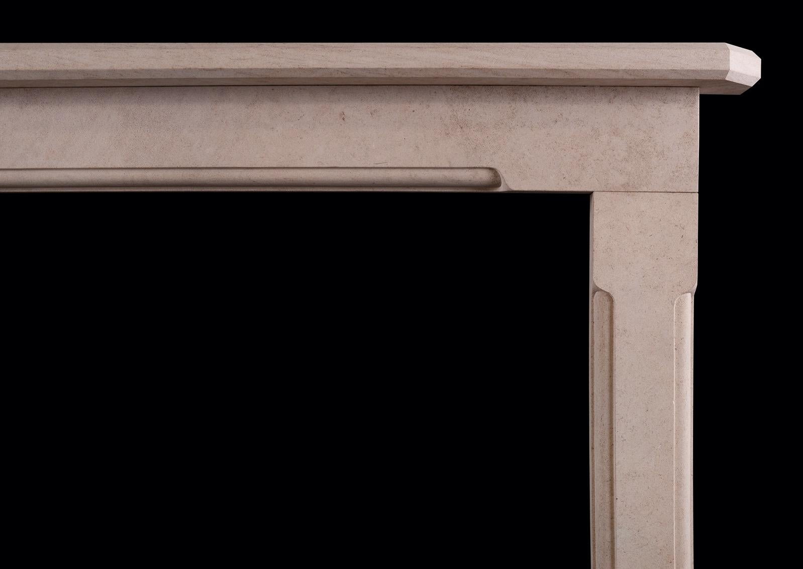 A simple yet elegant fireplace with moulding to frieze and jambs. Shaped shelf. Carved in Ancaster limestone. A copy of a 19th century original.

Measures: Shelf width: 1352 mm 53 ¼