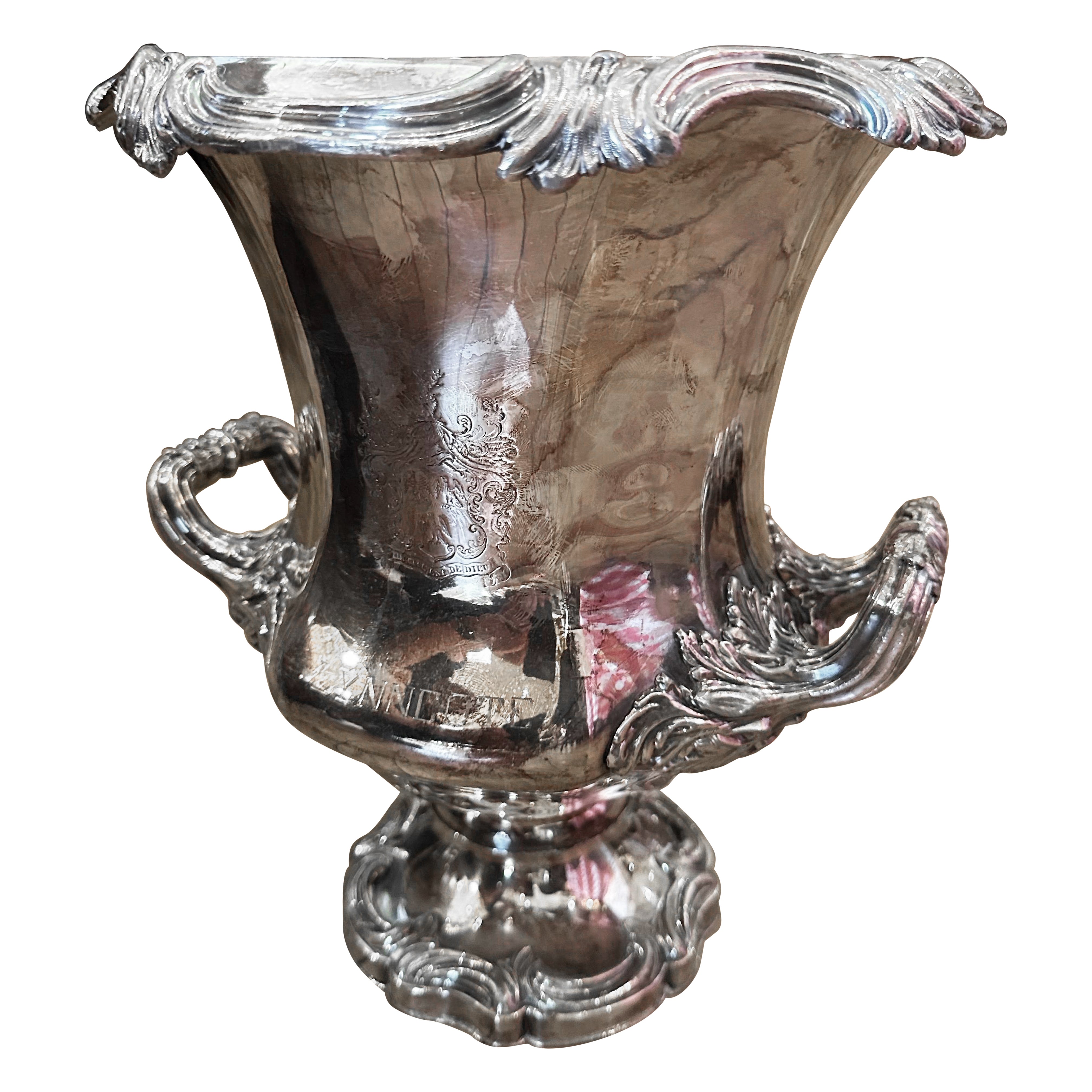 A single English Regency, engraved, Sheffield Plate wine cooler and trophy For Sale