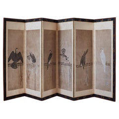 A Single Late 19th Century Six Panel Paper Screen, in manner of Soga Chokuan
