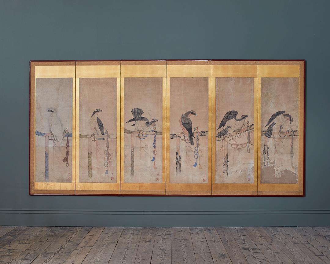Japanese A Single Late 19th Century Six Panel Paper Screen, in the manner of Soga Chokuan For Sale