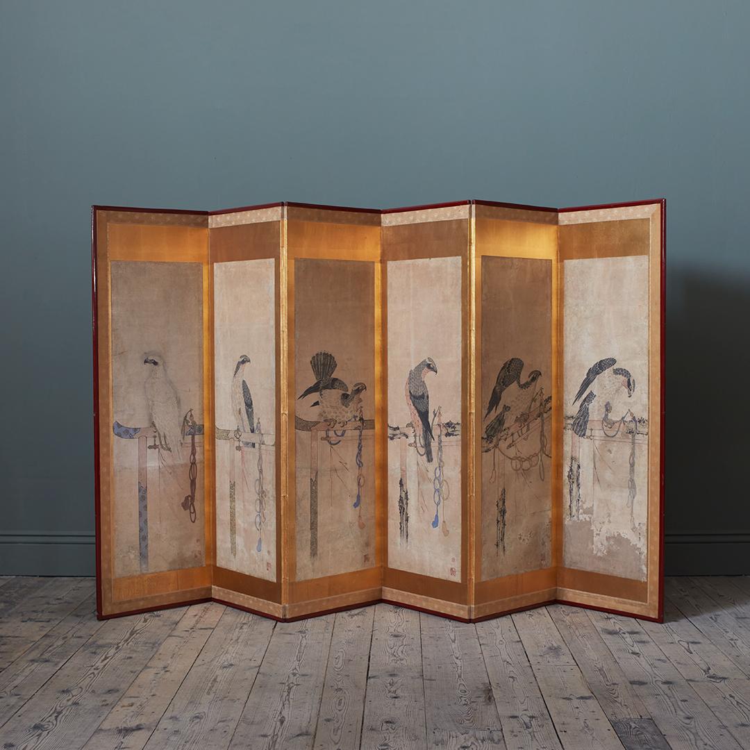 A Single Late 19th Century Six Panel Paper Screen, in the manner of Soga Chokuan For Sale 2