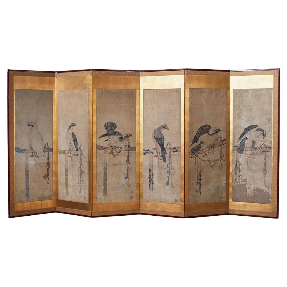 A Single Late 19th Century Six Panel Paper Screen, in the manner of Soga Chokuan