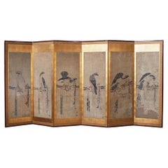 Antique A Single Late 19th Century Six Panel Paper Screen, in the manner of Soga Chokuan