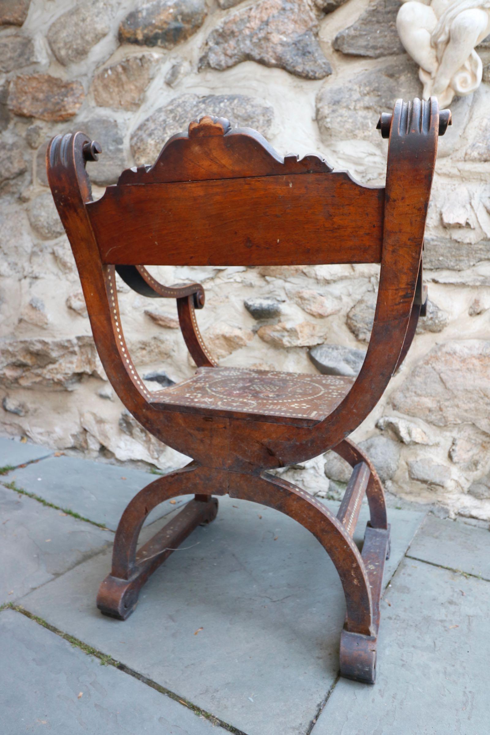 Single Solid Throne Style Mother of Pearl Moroccan Chair Walnut Wood For Sale 6