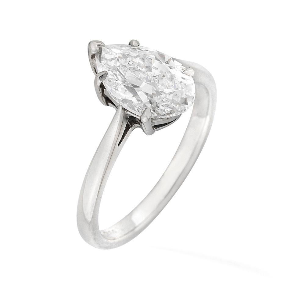 A single stone diamond ring, the pear-shaped brilliant-cut diamond weighing 2.00 carats, accompanied by HRD certificate,stating to be of E colour, VS2 clarity, claw-set to a plain platinum mount and tapered D-section shank, hallmarked platinum,